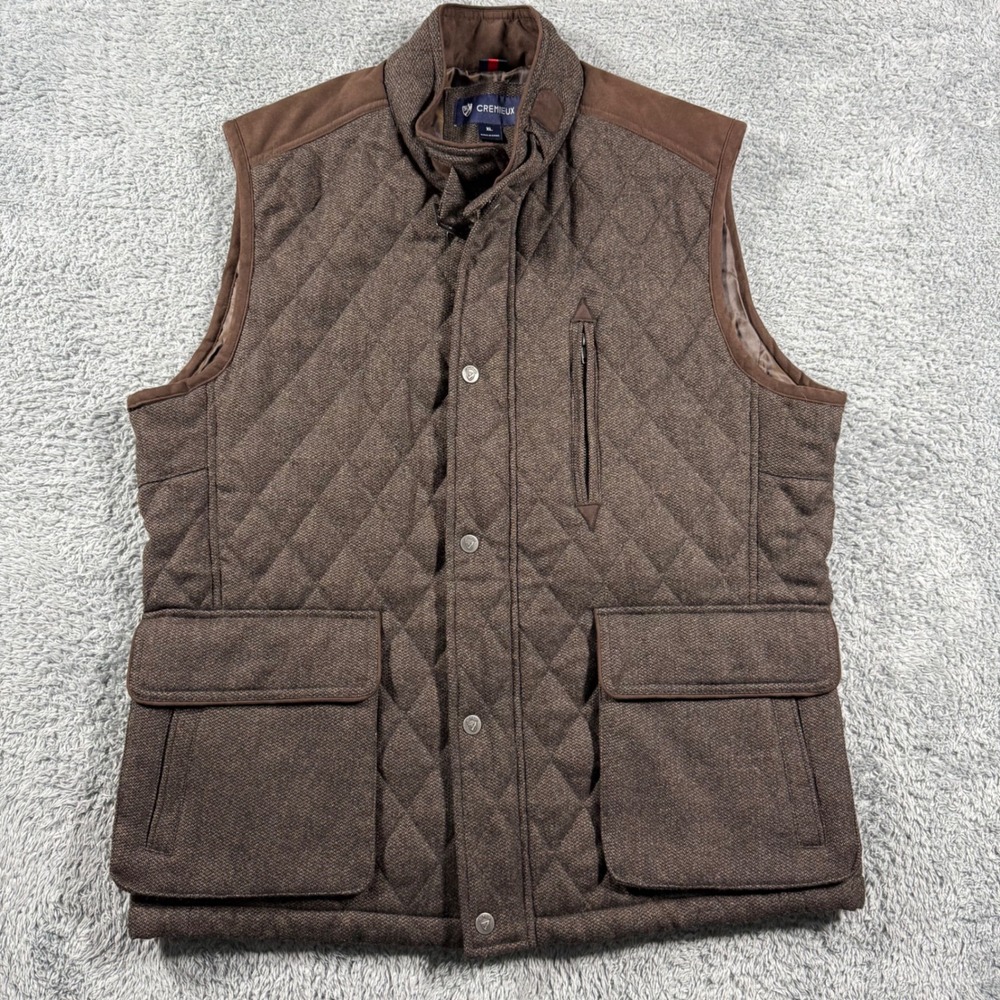 Cremieux‎ Quilted Vest Mens XL Brown Tweed Wool Suede Trim Full Zip Field Jacket